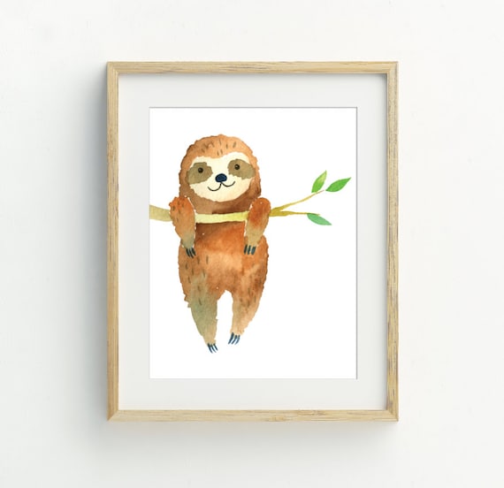 Cute Watercolor Baby Sloth Hanging Branch Nursery Animal Wall Art