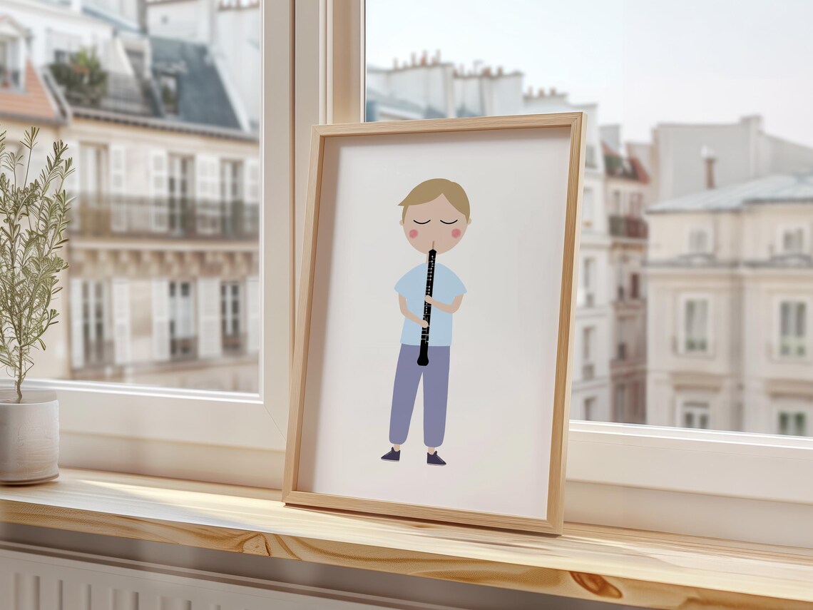 Cute Oboe Player Boy Minimalist Kids Music Room Decor Art Print - Image 3