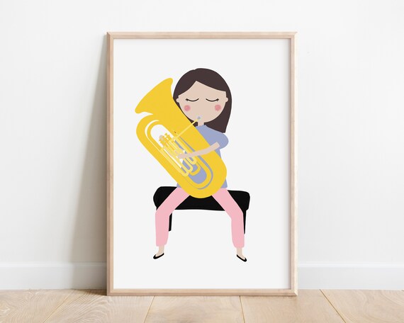 Girl Playing Golden Tuba Seated Kids Brass Instrument Music Art Poster