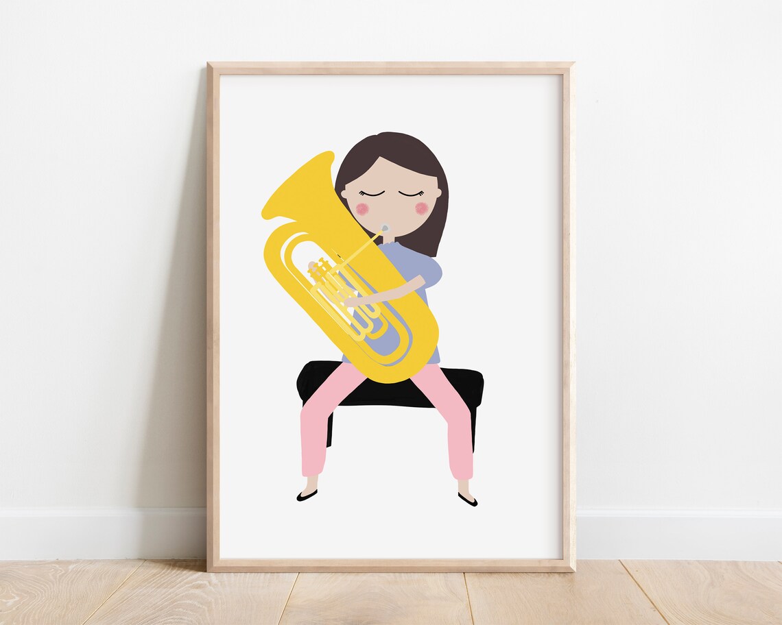 Girl Playing Golden Tuba Seated Kids Brass Instrument Music Art Poster