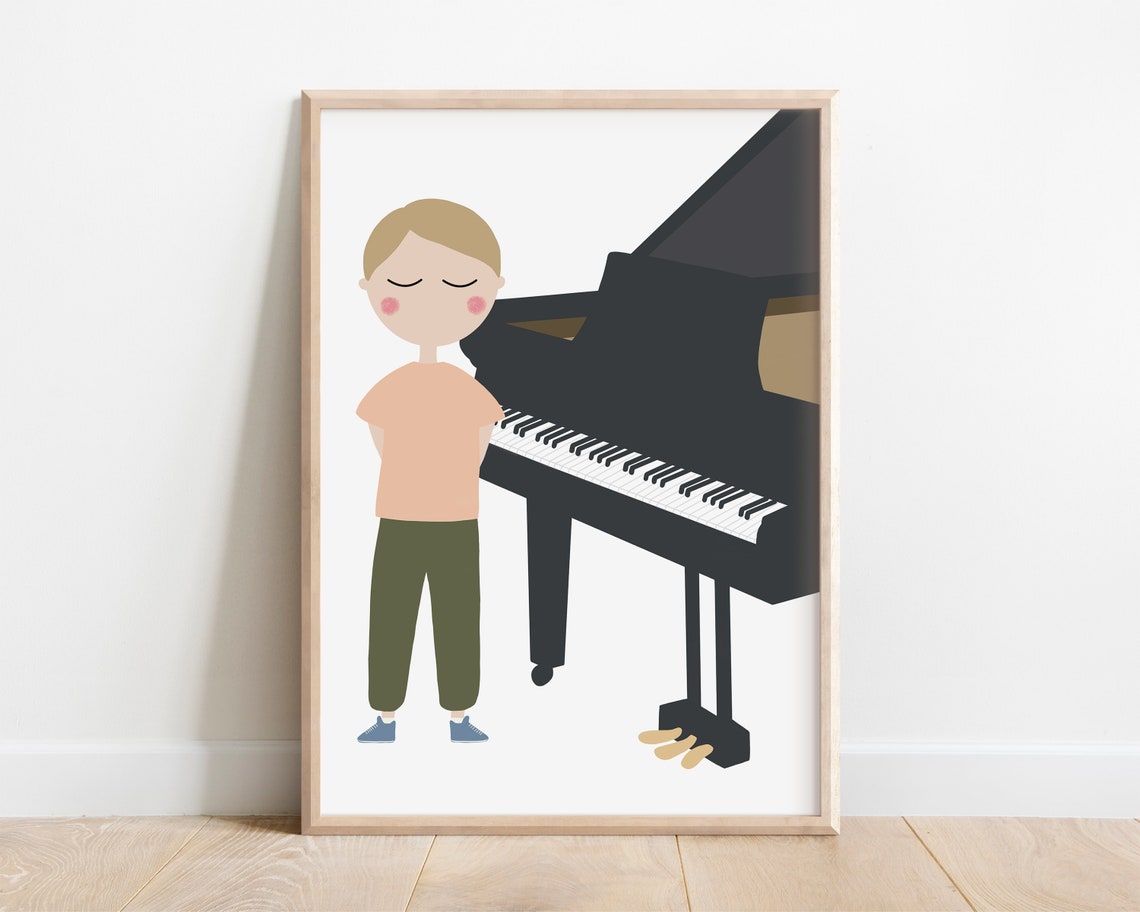 Boy Standing Beside Grand Piano Kids Piano Music Nursery Art Poster