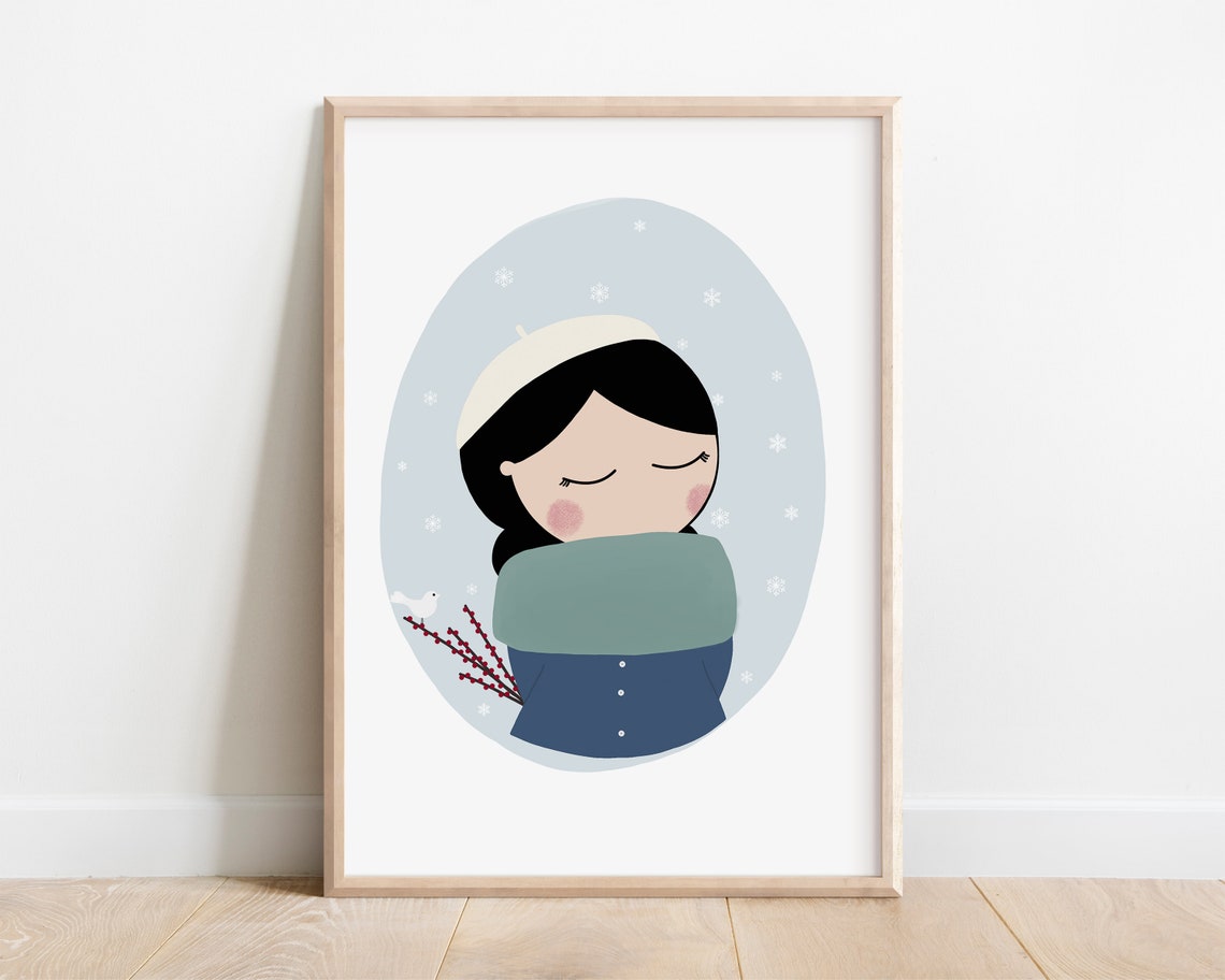 Winter Girl Beret Snowflake Cozy Blue Illustration Kids Room Art Print