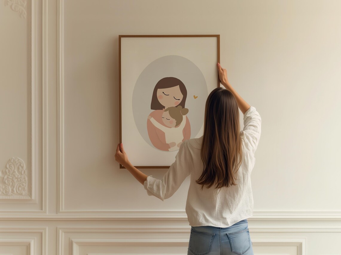 Mother and Daughter Hugging Tender Family Love Blush Nursery Poster - Image 2