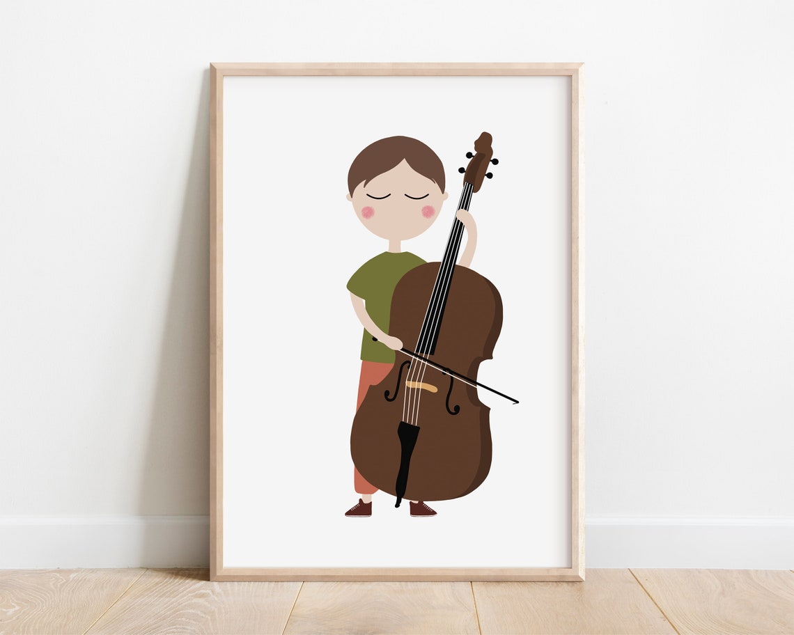 Double Bass Player Boy Minimalist Kids Music Room Decor Art Print