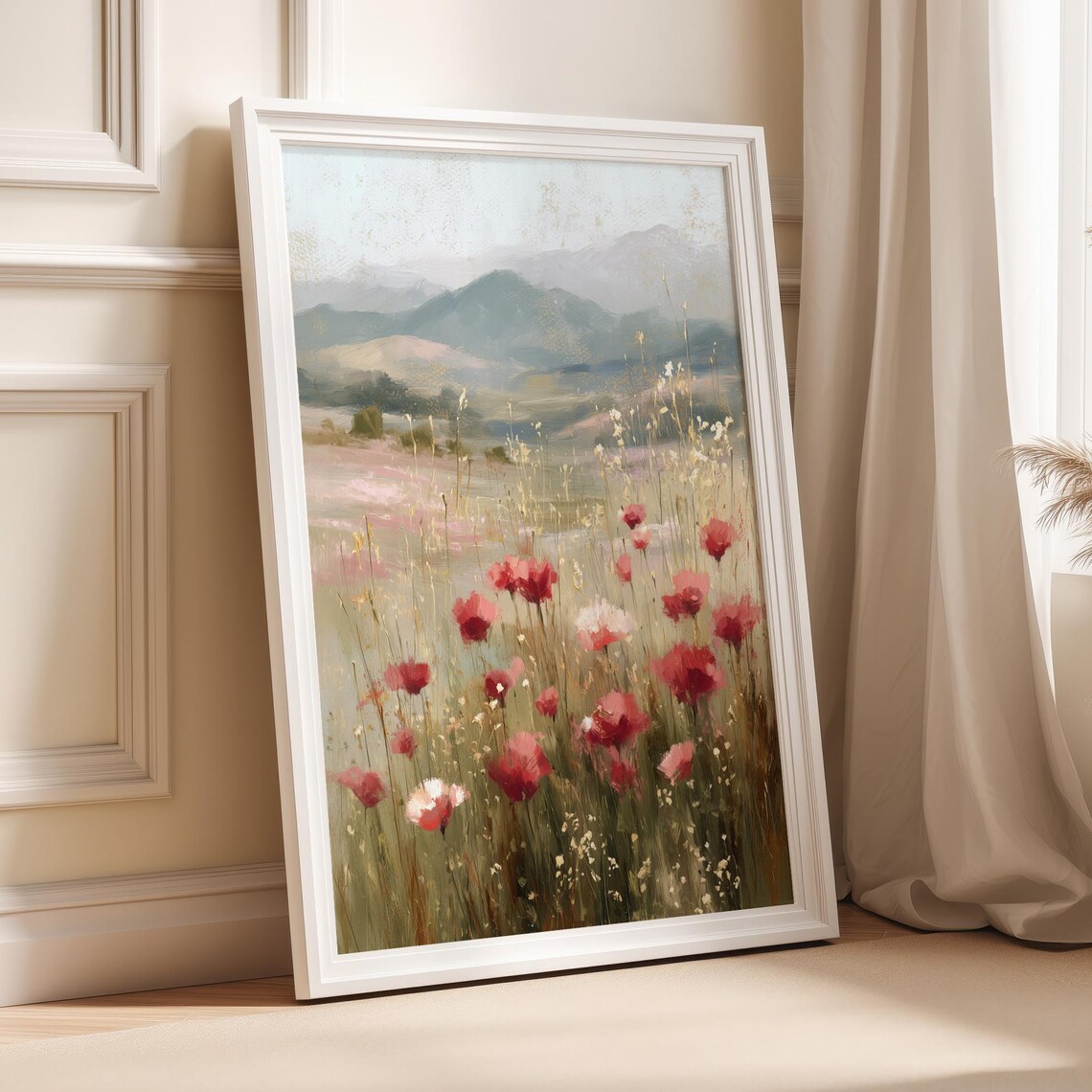 Red Poppies Field Mountain Meadow Vintage Oil Landscape Poster