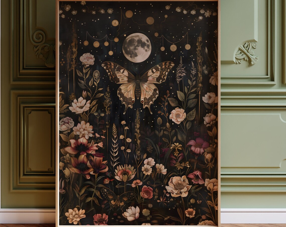 Moonlit Moth Among Wildflowers Celestial Night Garden Art Poster - Image 4