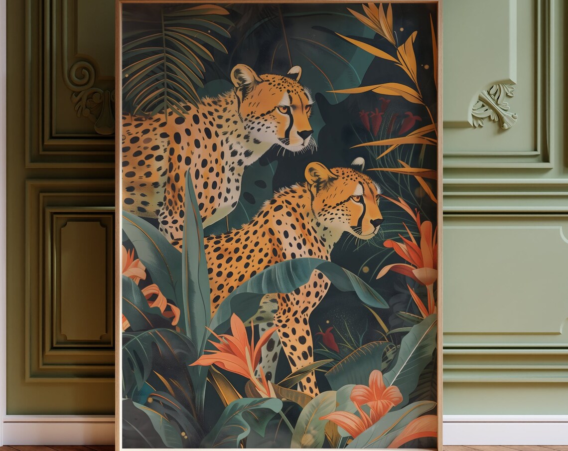 Cheetahs in Jungle, Vintage Tropical Safari Art Print - Image 4