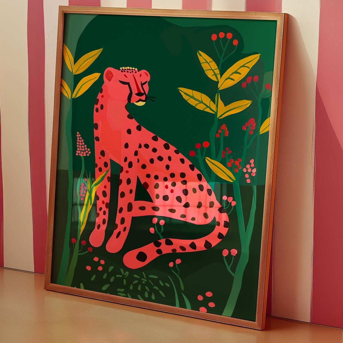 Pink Cheetah Sitting in a Green Jungle Illustration Art Print - Image 3