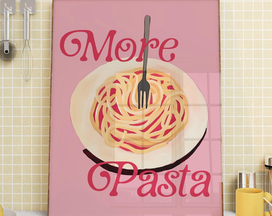 More Pasta Heaping Spaghetti Plate Pink Retro Kitchen Poster - Image 3