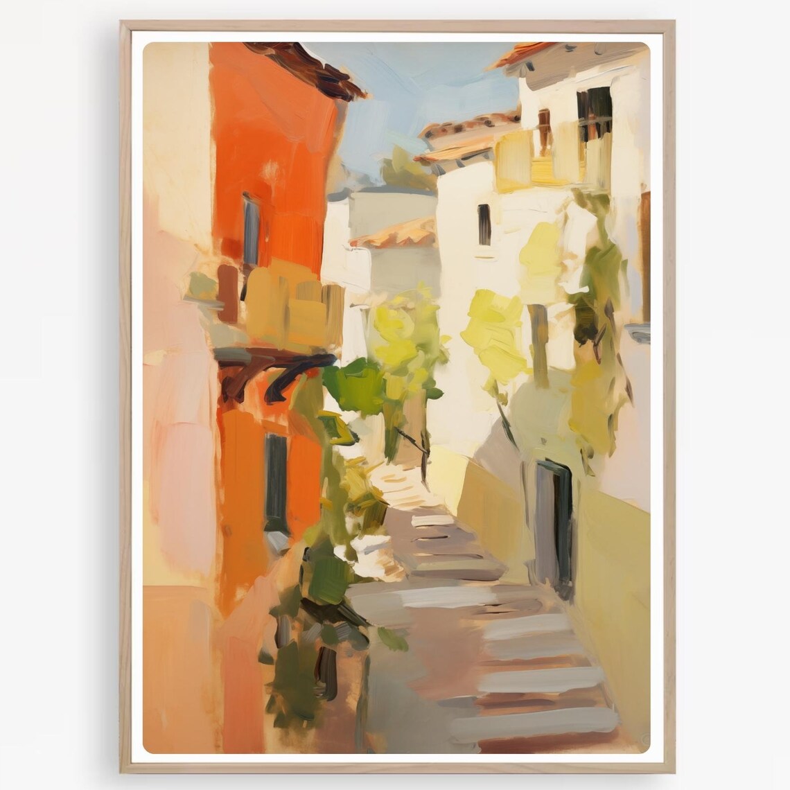 Warm Terracotta Mediterranean Village Street Steps Painting Art Print