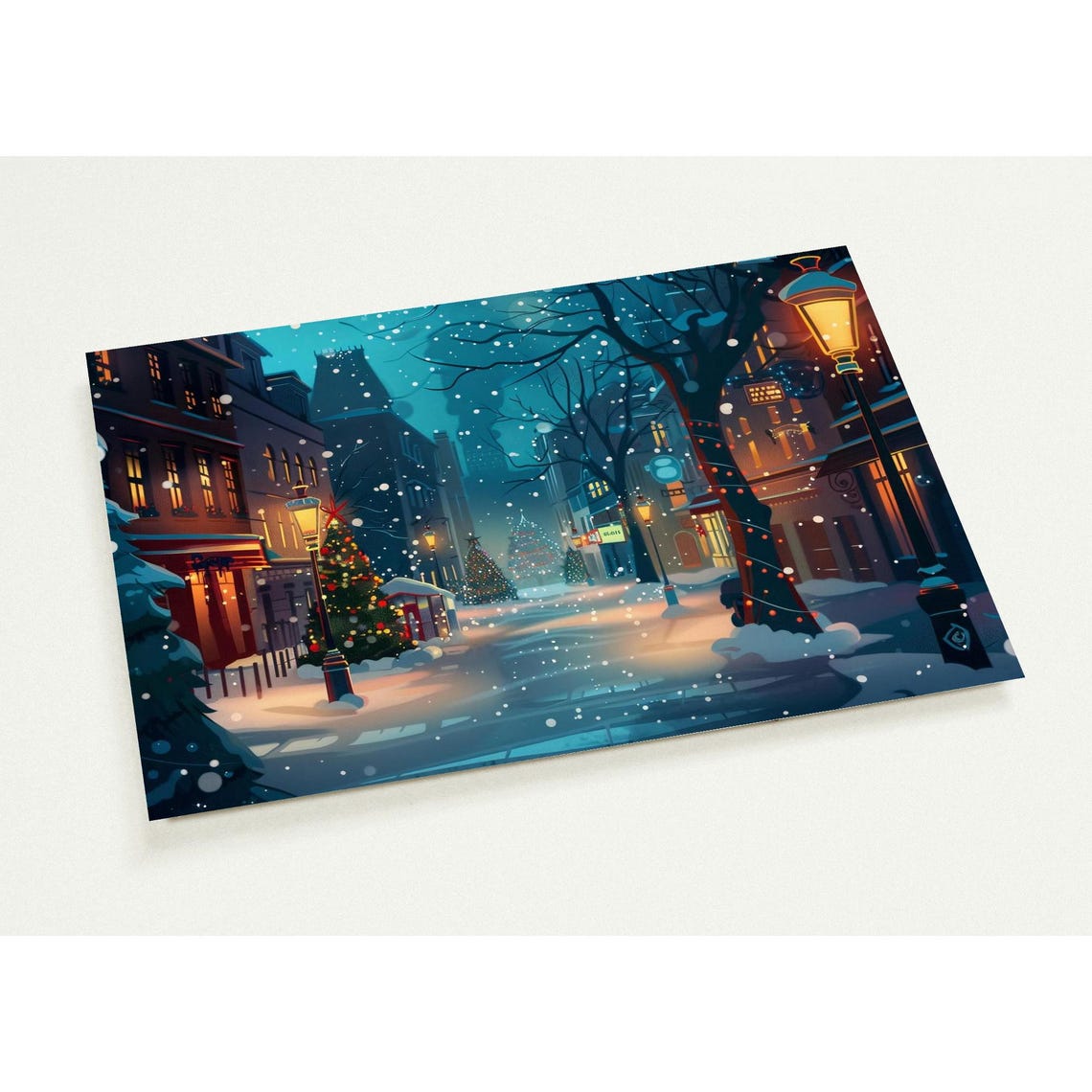 Snowy Christmas Town Postcard Pack Of 10 Festive Winter Street Scene Cozy Holiday Night Illustration