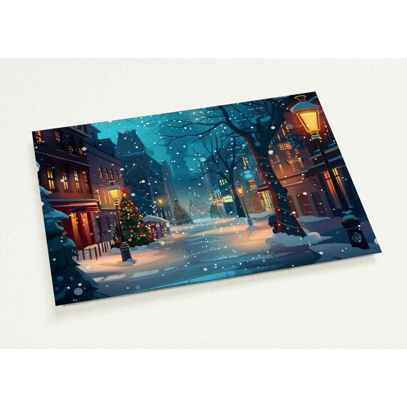 Snowy Christmas Town Street Lampposts Night Watercolor Postcard Print