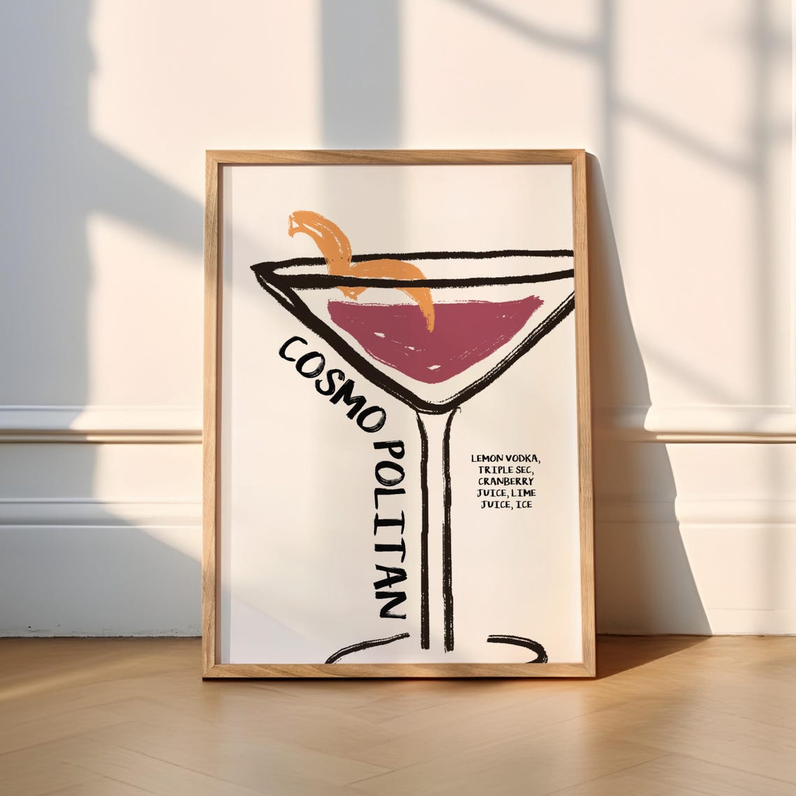 Cosmopolitan Cocktail Hand Drawn Sketch Kitchen Home Bar Poster