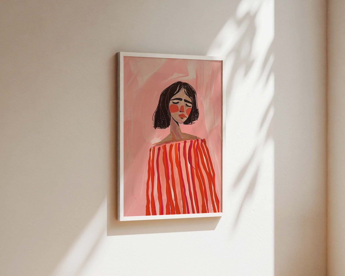 Striped Dress Woman Bedroom Print Fashion Print Boho Wall Art Dressing Room Print Bedroom Poster Fashion Art Mid Century Print Pink - Image 2