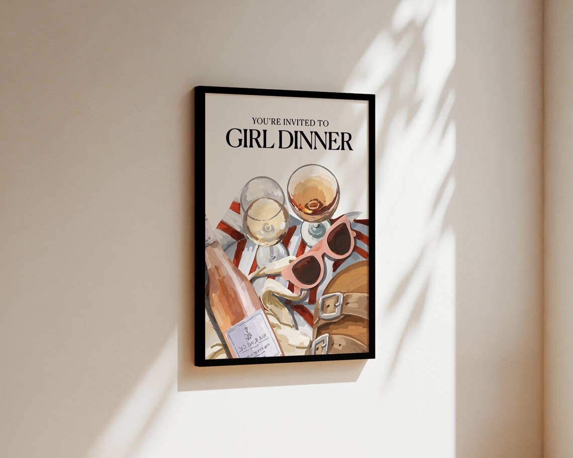 Girl Dinner Invitation Wine Glasses Illustration Kitchen Poster - Image 3
