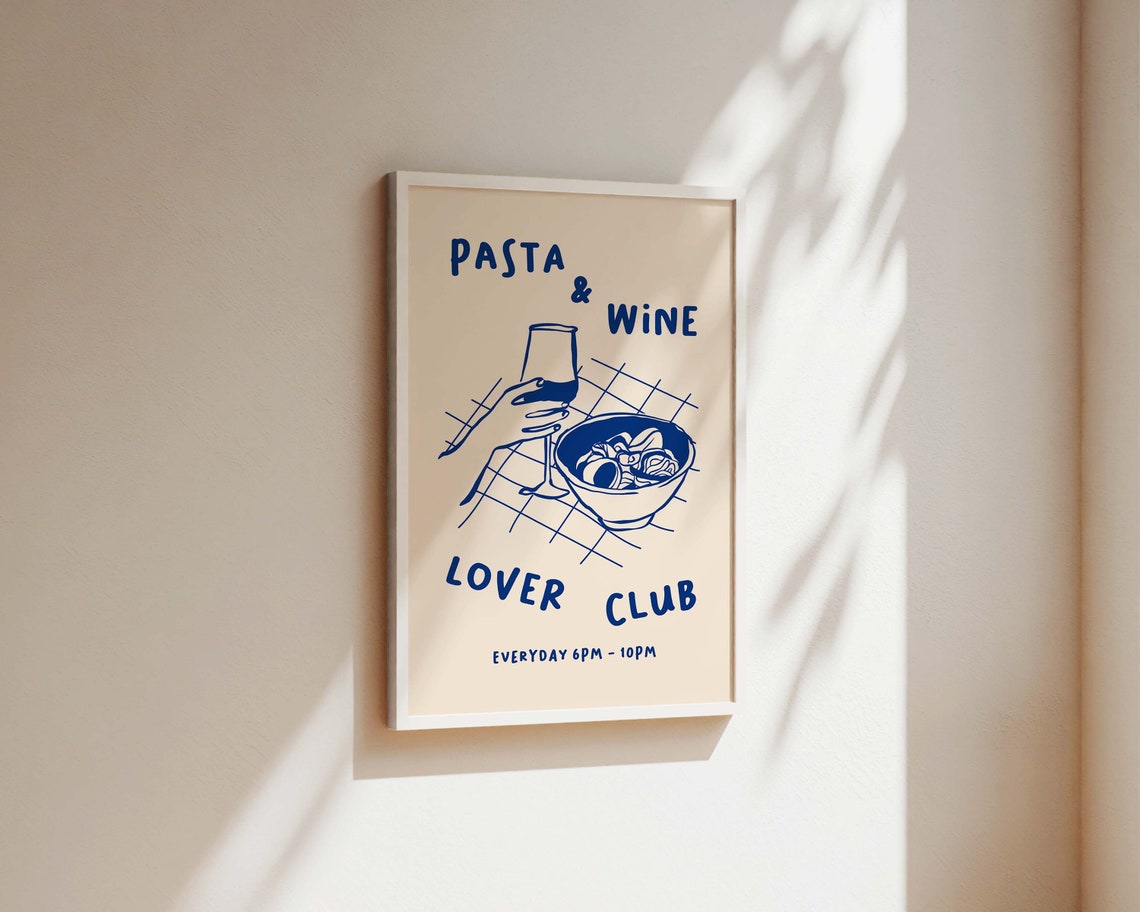Pasta And Wine Lover Club Retro Kitchen Art Print - Image 2
