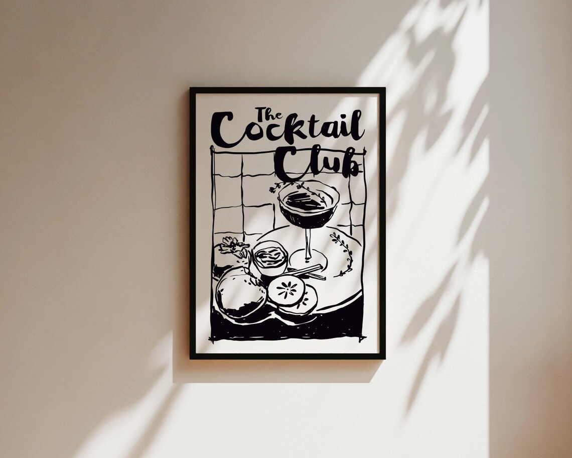 The Cocktail Club Hand Drawn Black and White Bar Sign Poster - Image 3