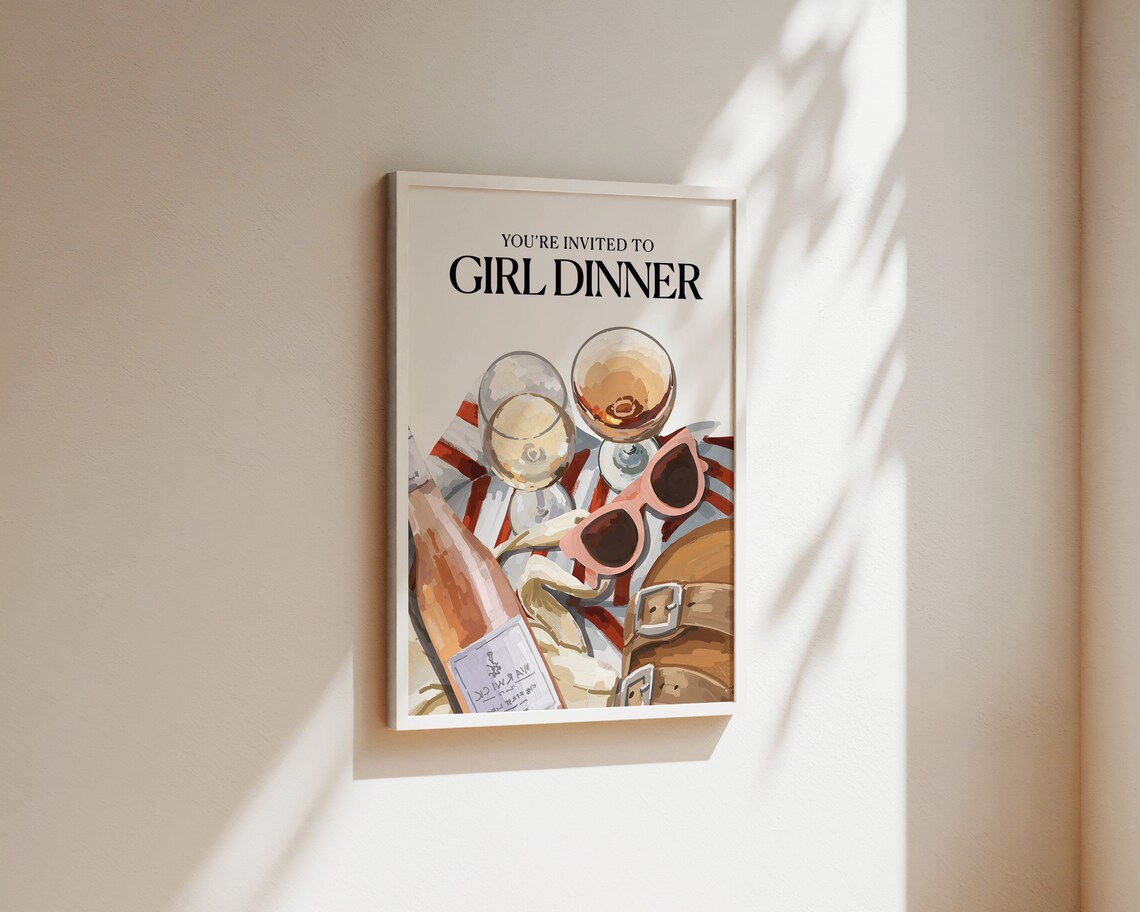Girl Dinner Invitation Wine Glasses Illustration Kitchen Poster - Image 2