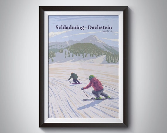 Schladming Ski Resort Poster Austria Styria Planai Ski Area Hauser Kaibling Hochwurzen Vintage Travel Print Schladming Dachstein