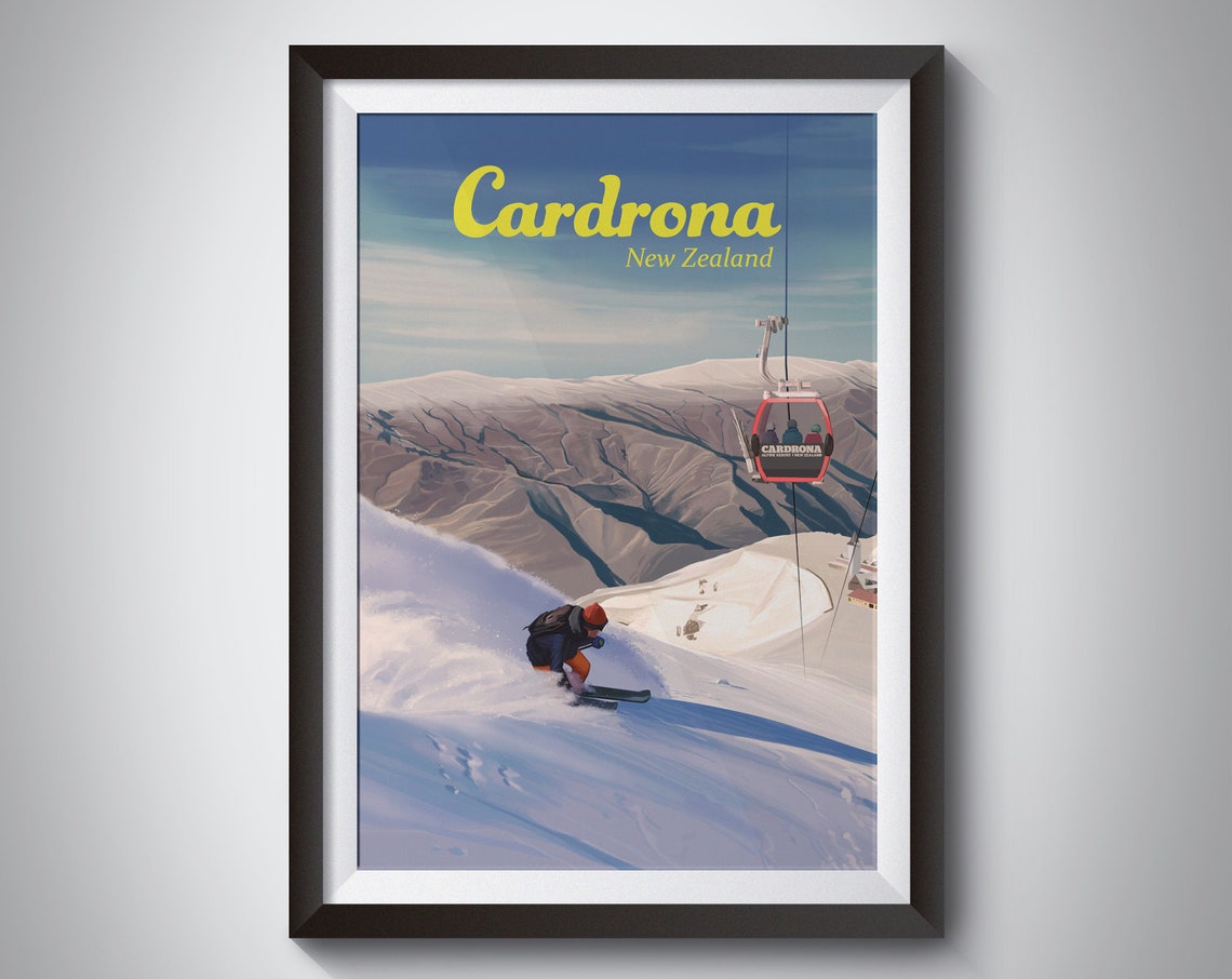 Cardrona New Zealand Snowboarding Poster Ski Resort Print Queenstown Wanaka South Island Vintage Skiing Art Travel Poster Ski Field