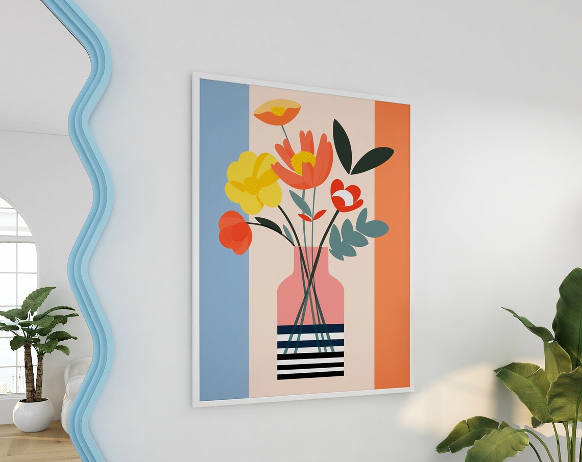 Mid Century Modern Flowers Pink Striped Vase Retro Botanical Poster