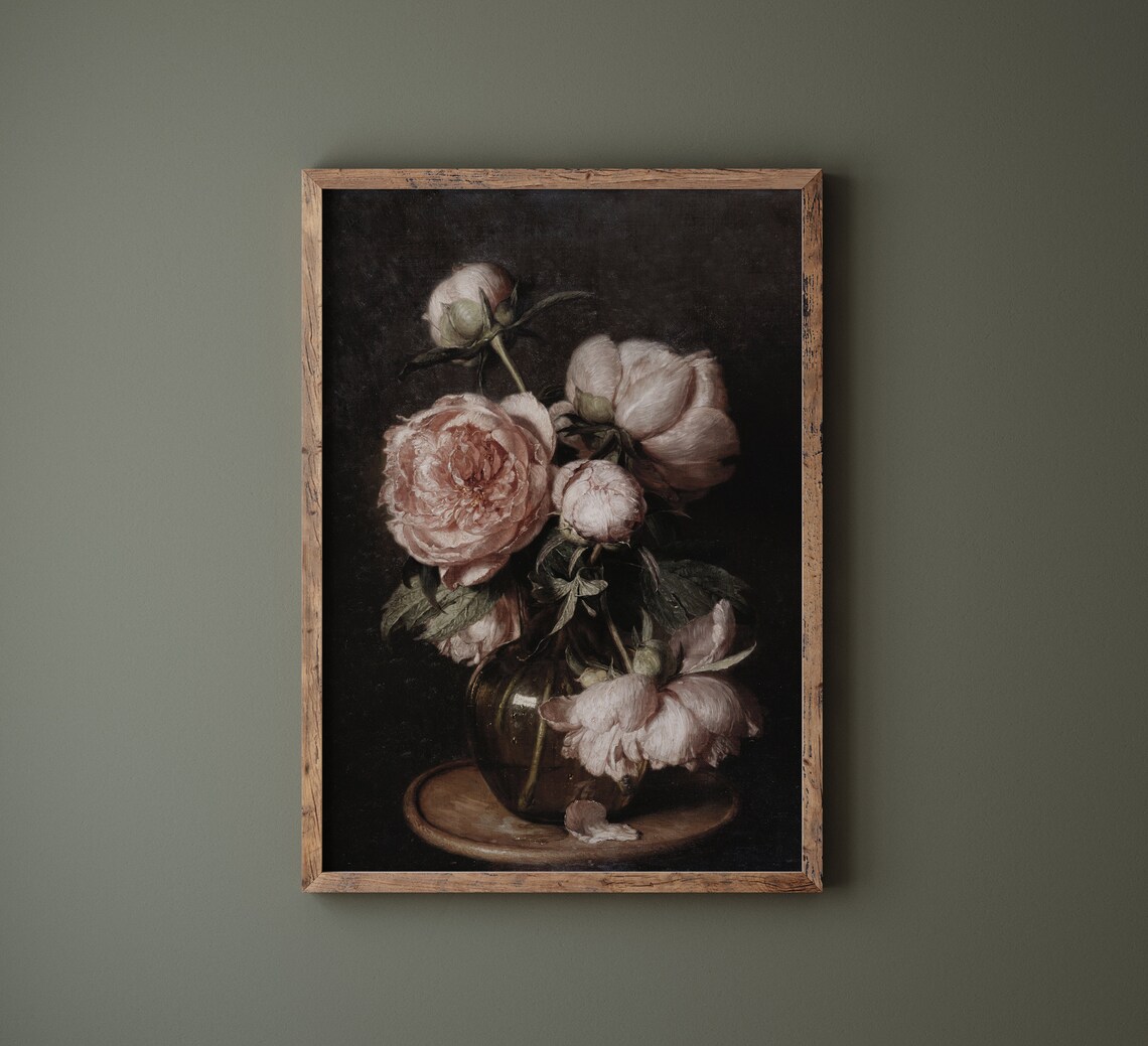 Peonies Print Wall Art, Vintage Florals in Vase - Image 2