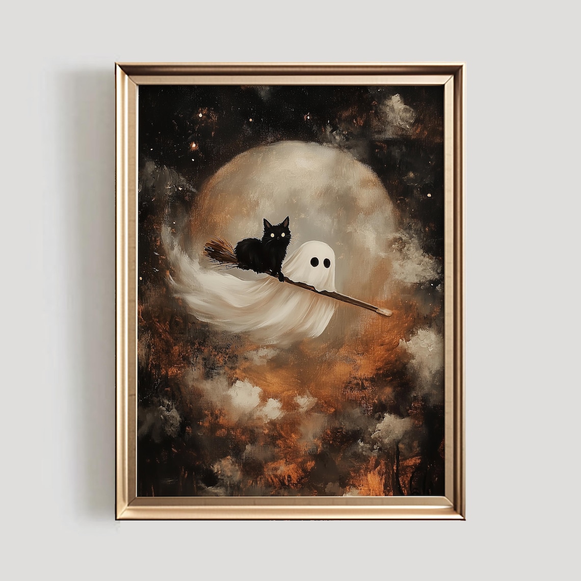 Ghost And Black Cat Halloween Cute Spooky Decor Art Print