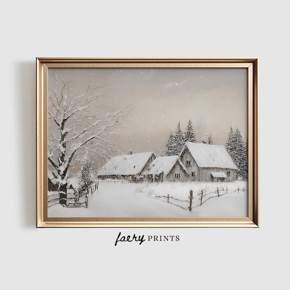 Winter Farmhouse Christmas Artwork, Vintage Holiday Print