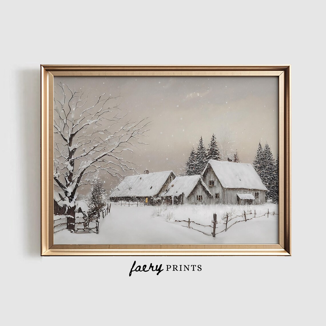 Winter Farmhouse Christmas Artwork, Vintage Holiday Print