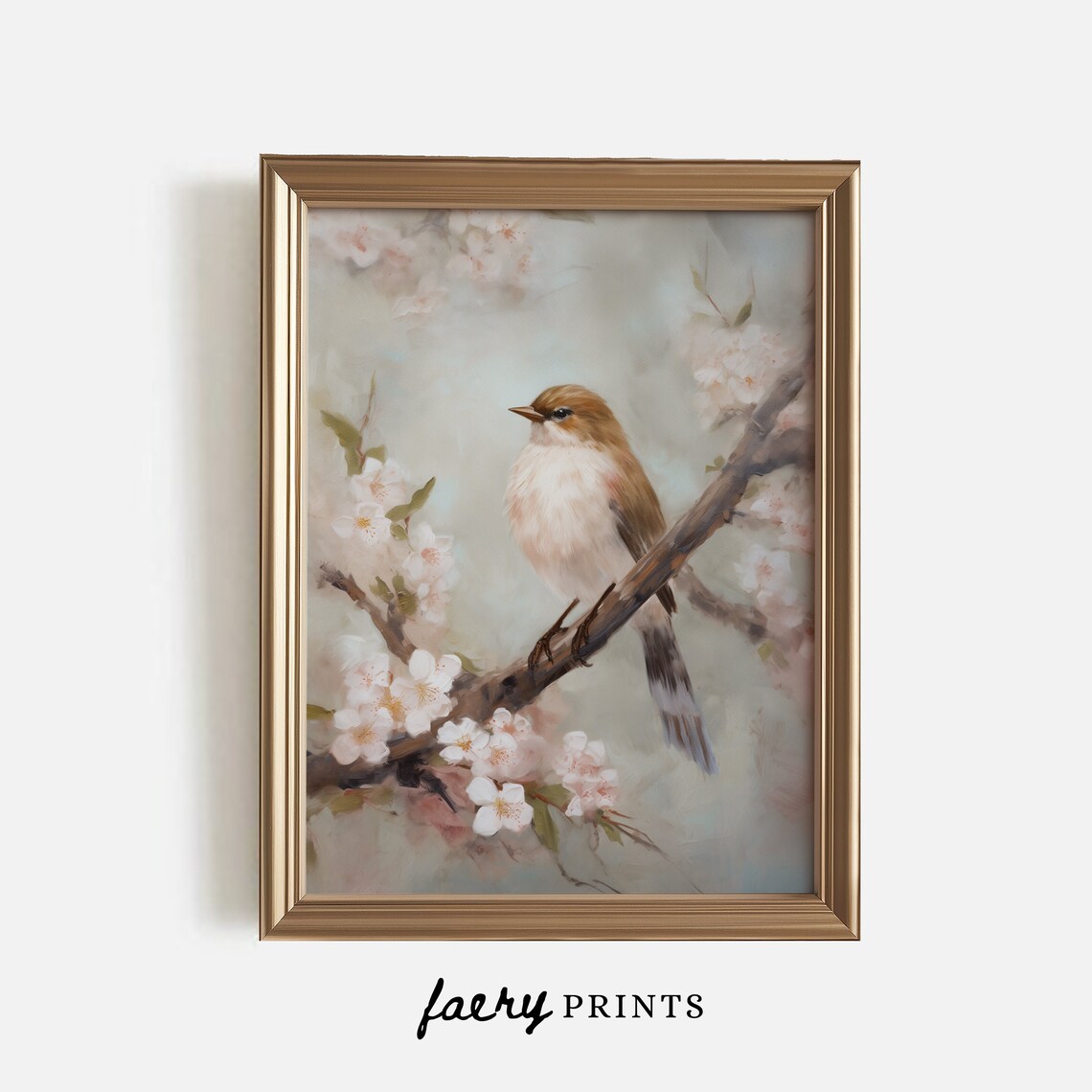 Songbird on Cherry Blossom Branch Soft Spring Watercolor Poster