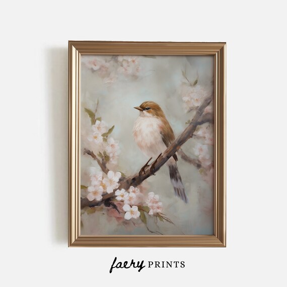 Songbird on Cherry Blossom Branch Soft Spring Watercolor Poster