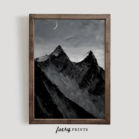 Black and White Mountain Peaks Under Crescent Moon Night Art Poster