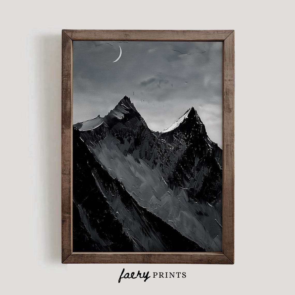 Black and White Mountain Peaks Under Crescent Moon Night Art Poster
