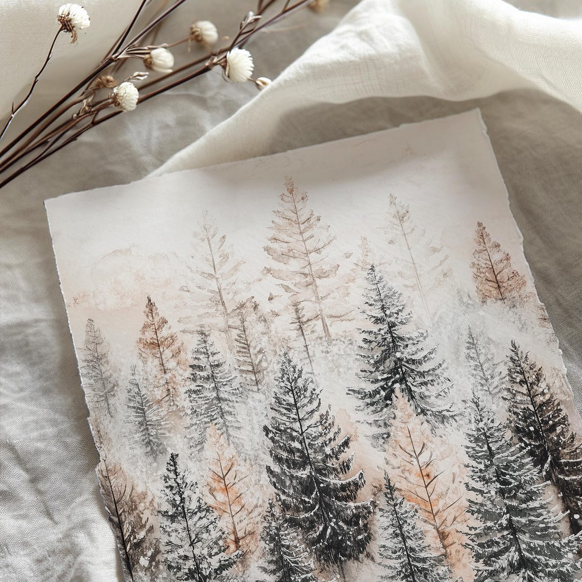 Snowy Pine Forest Watercolor Trees Neutral Winter Nature Poster