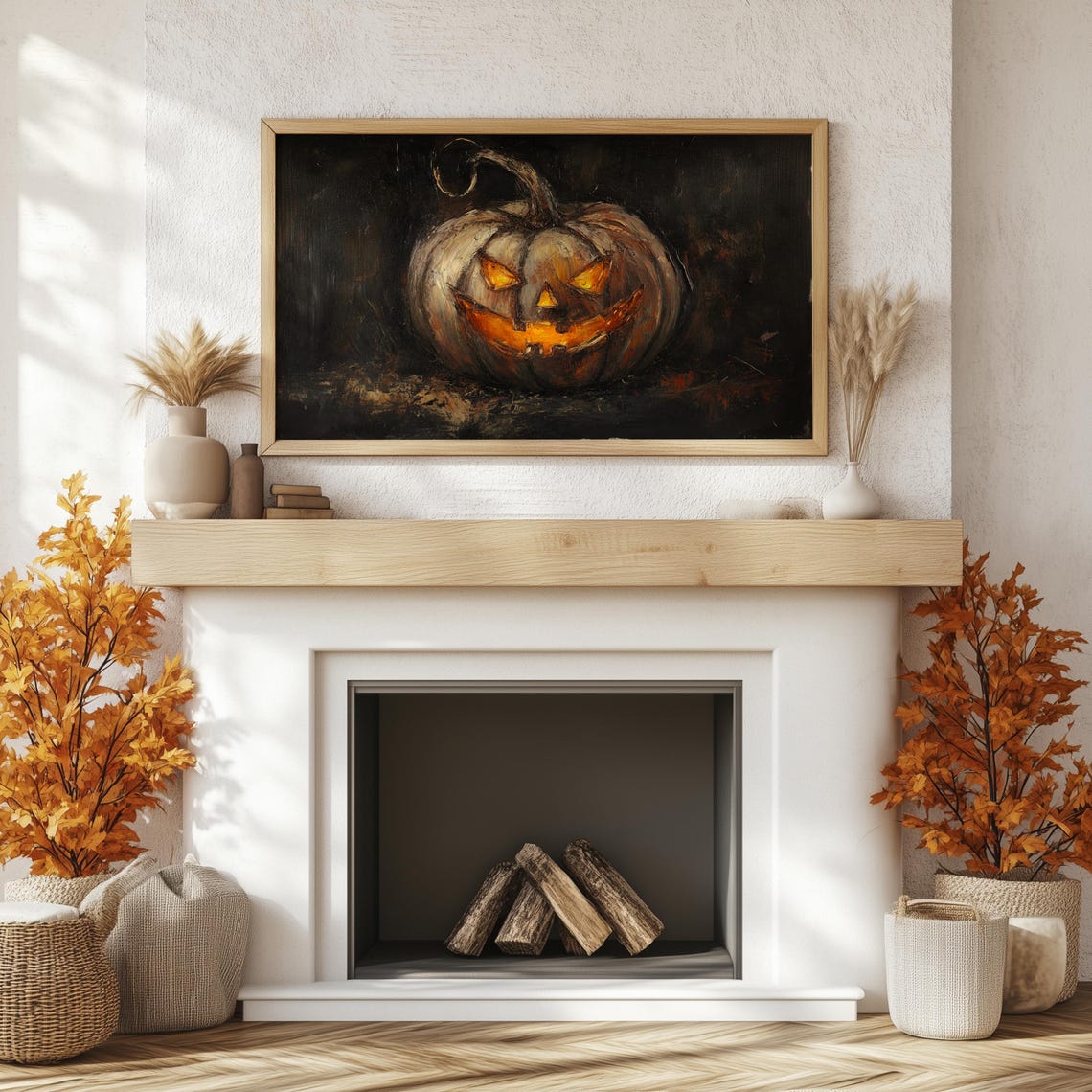 Glowing Jack O Lantern White Pumpkin Moody Halloween Art Poster - Image 2