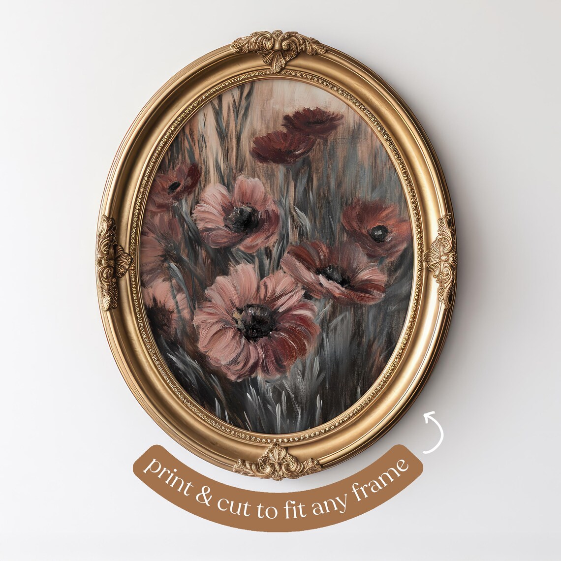 Moody Flowers Print, Vintage Burgundy Floral Art - Image 2