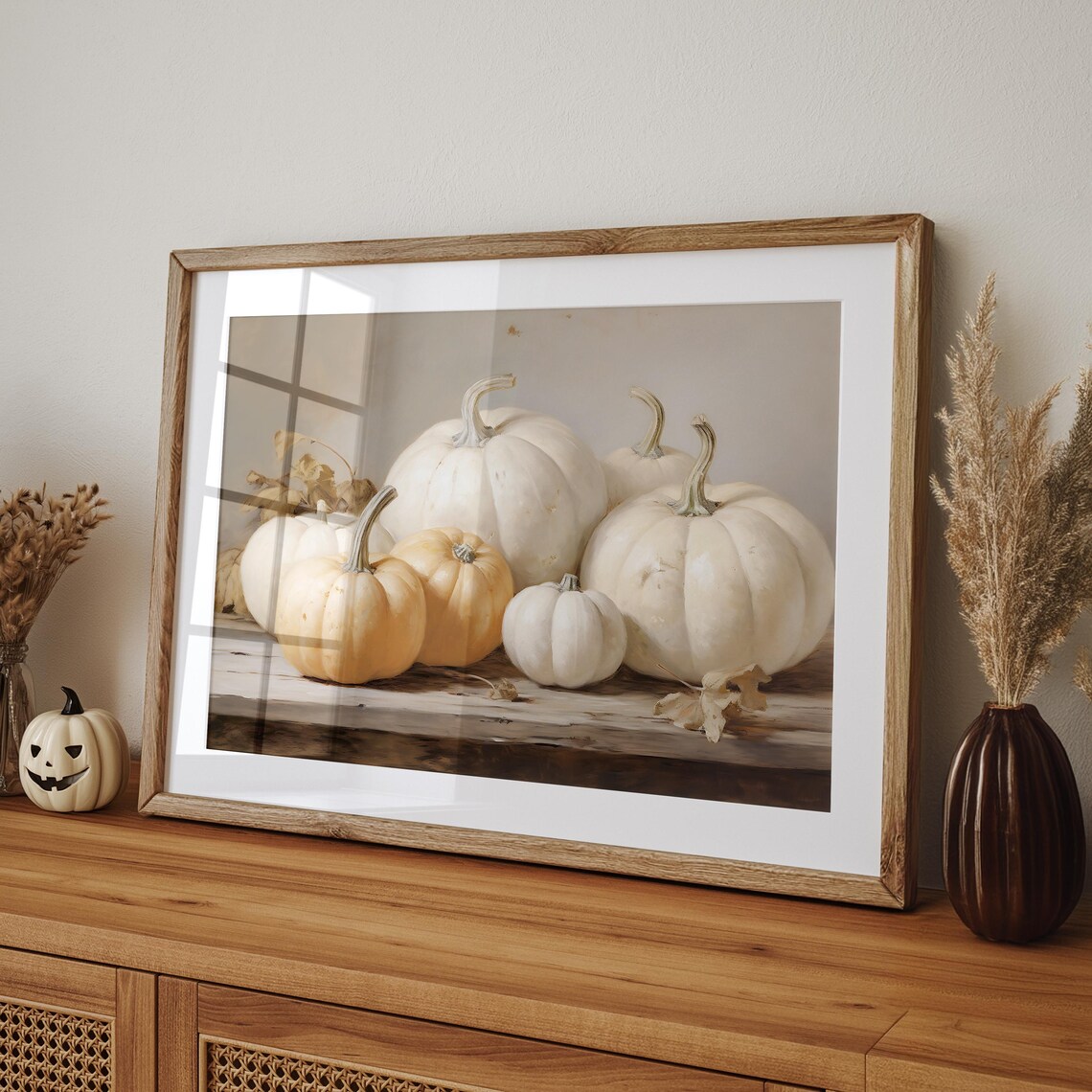 Vintage White Pumpkin Art Print, Rustic Fall Painting - Image 4