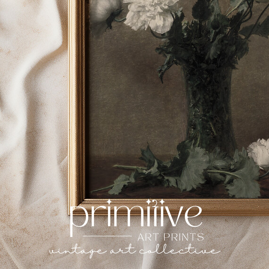 White Peonies in Glass Vase Dark Still Life Floral Oil Poster - Image 2