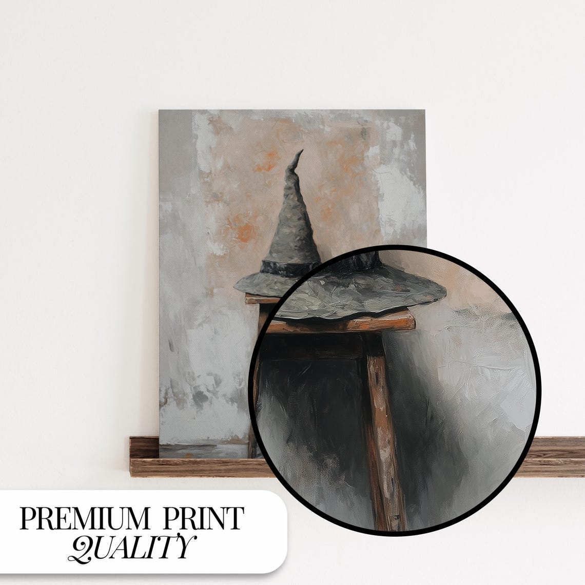 Witch Hat Resting on Wooden Stool Muted Vintage Halloween Art Poster - Image 4