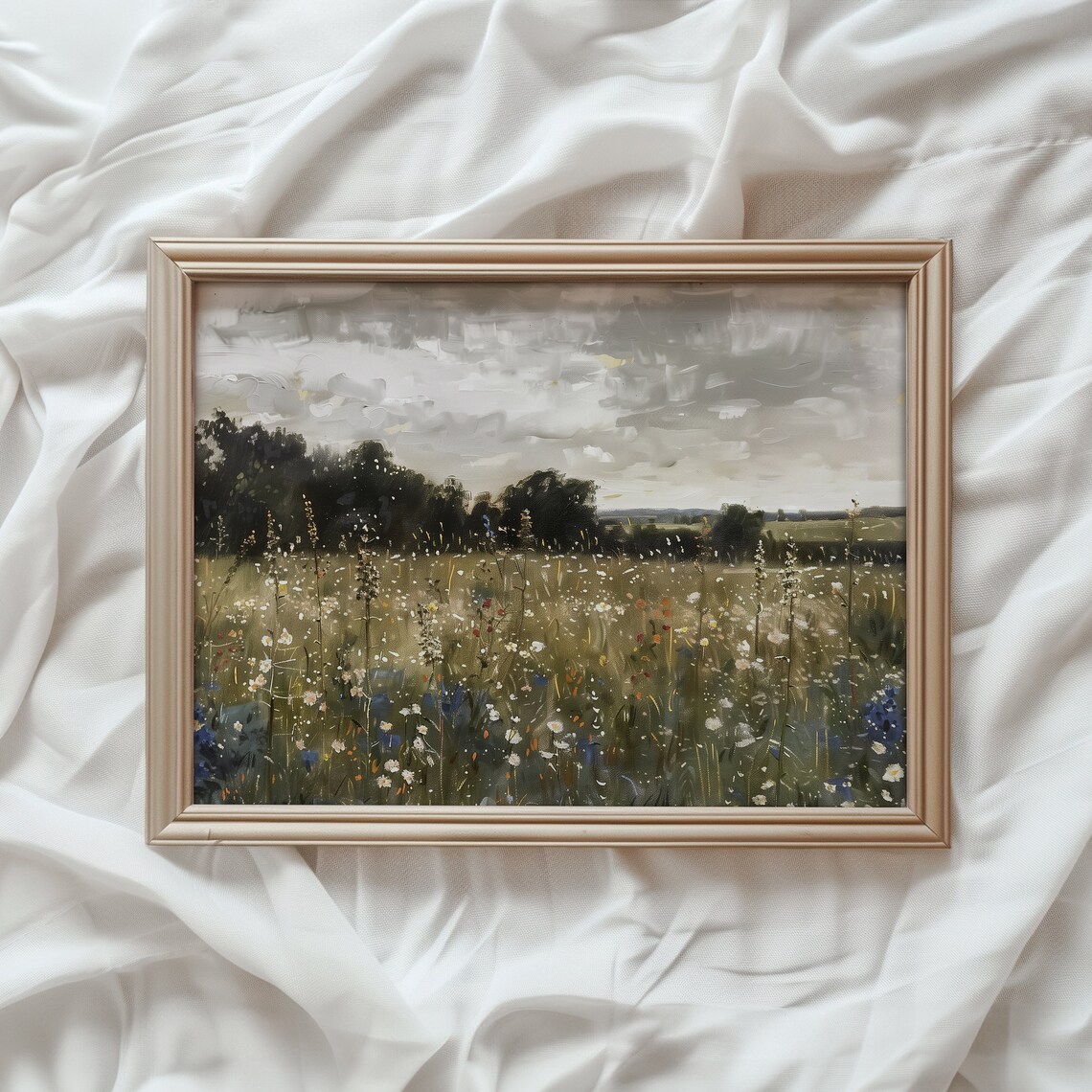 Moody Landscape Print, Vintage Wildflower Pastoral