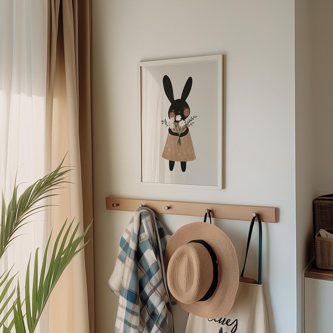 Black Bunny in Brown Dress Holding Daisy Bouquet Nursery Art Poster - Image 2