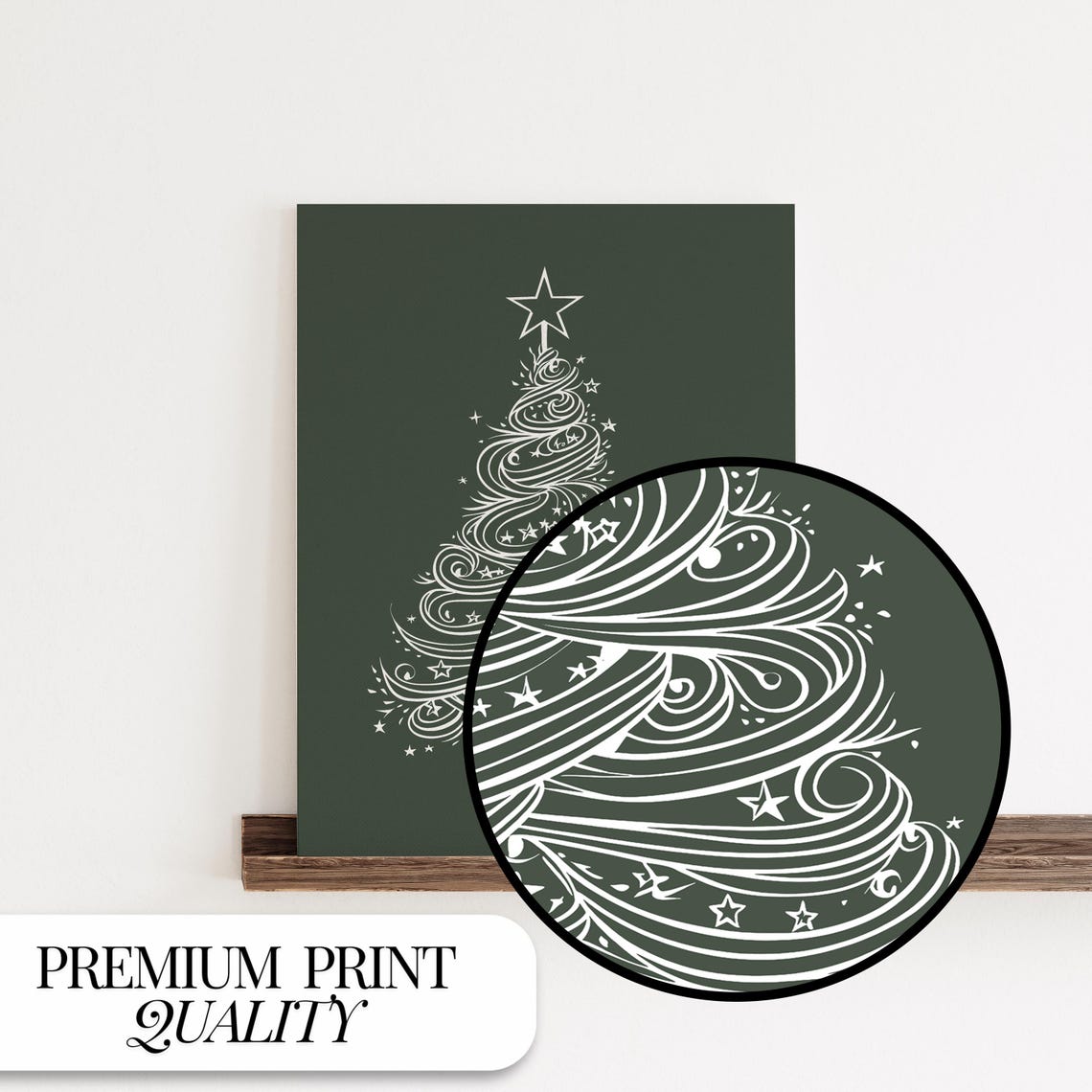 Swirling White Line Christmas Tree Star Minimalist Green Poster - Image 3