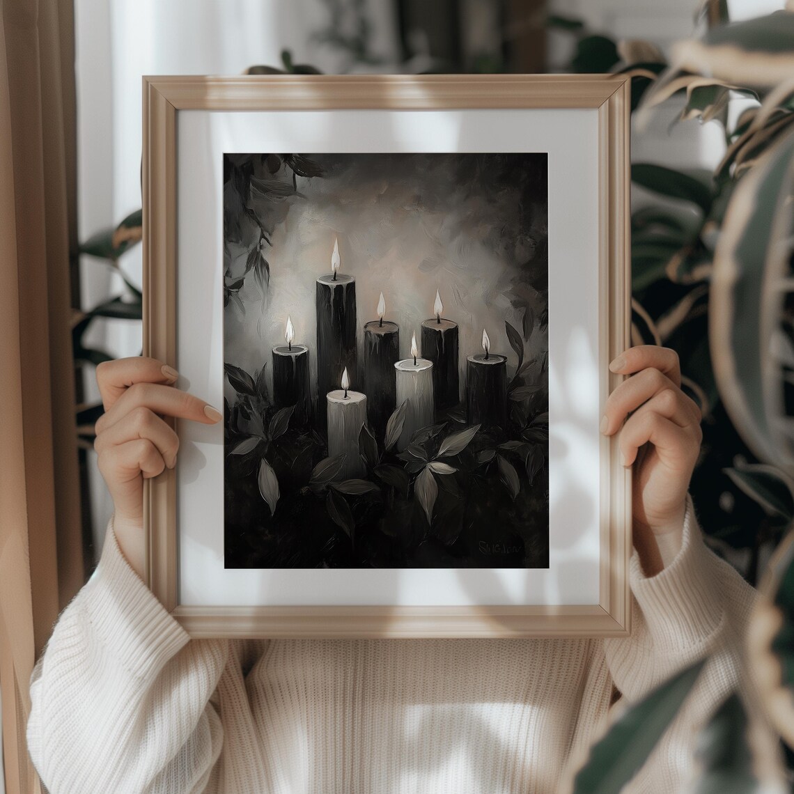 Seven Lit Candles Glowing in Dark Moody Floral Still Life Art Poster - Image 2