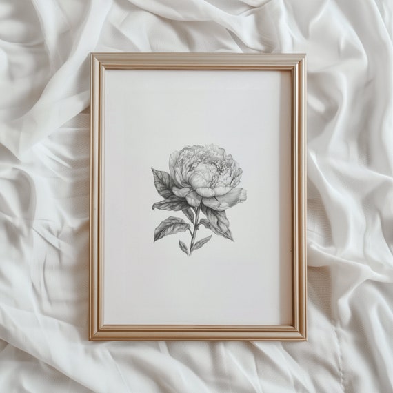Peony Flower Sketch Art Print, Monochromatic Floral