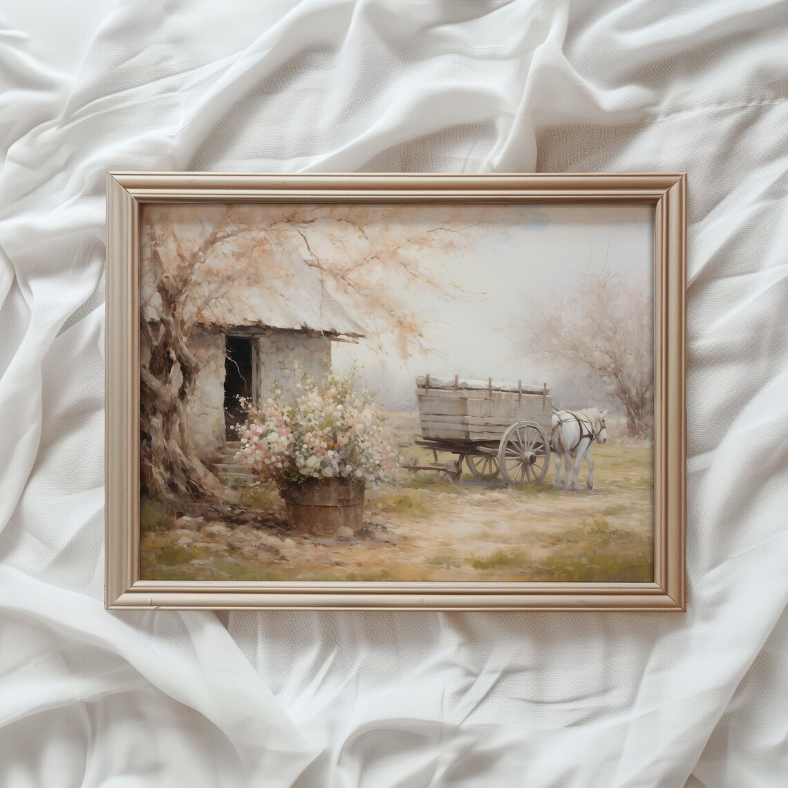 Spring Farmhouse Wildflowers Horse Buggy Art Print