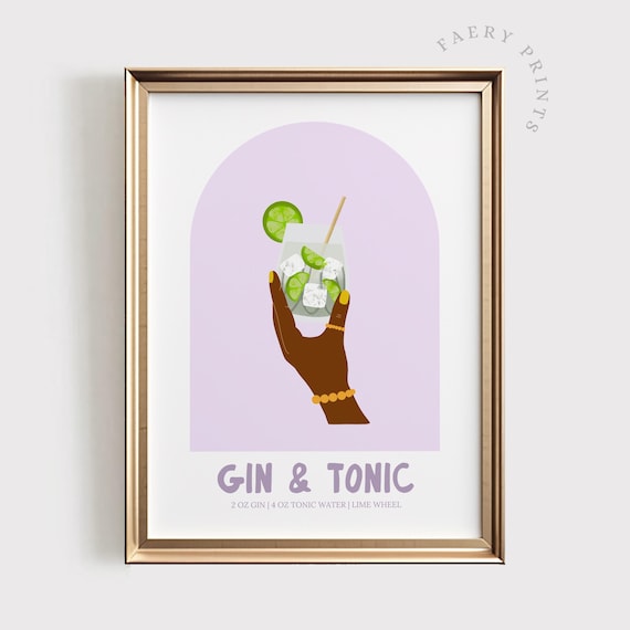 Gin And Tonic Cocktail Recipe Retro Bar Cart Mid Century Poster
