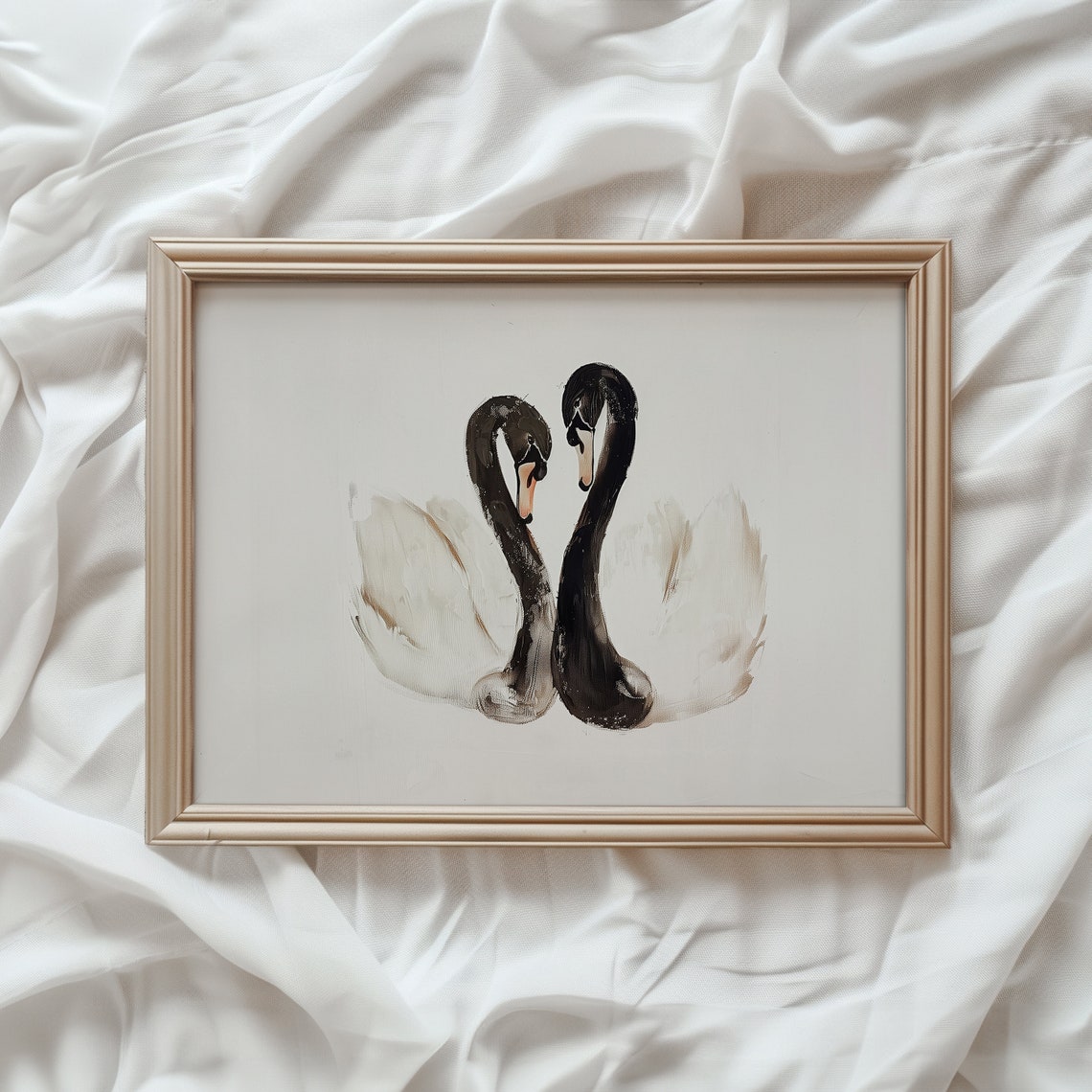 Two Black Swans Heart Necks Gentle Monochrome Minimalist Art Print