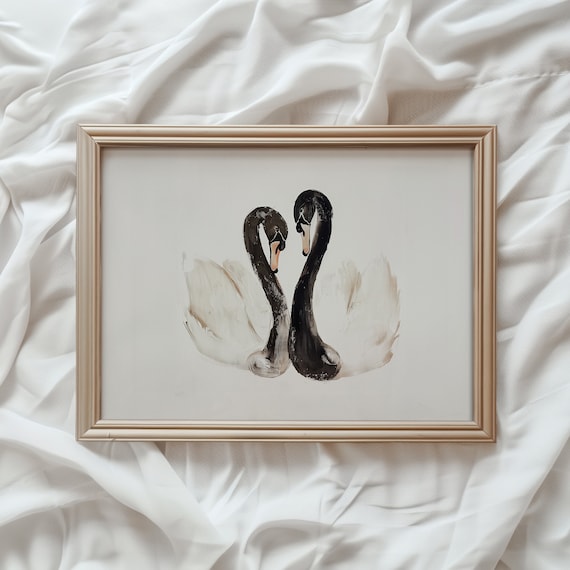 Two Black Swans Heart Necks Gentle Monochrome Minimalist Art Print