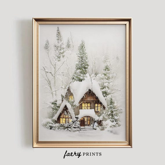 Winter Snow Watercolor Art Print, Farmhouse Decor