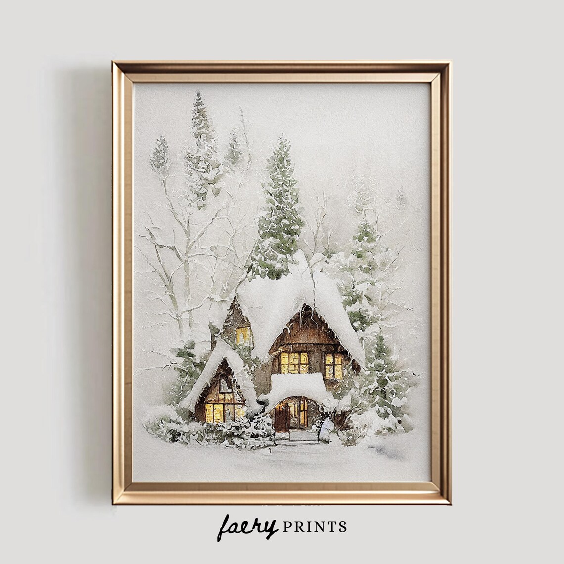 Winter Snow Watercolor Art Print, Farmhouse Decor